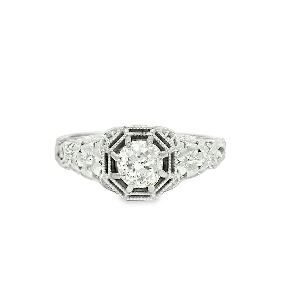 Thumbnail: Vintage Floral White Gold Octagonal Halo Diamond Ring