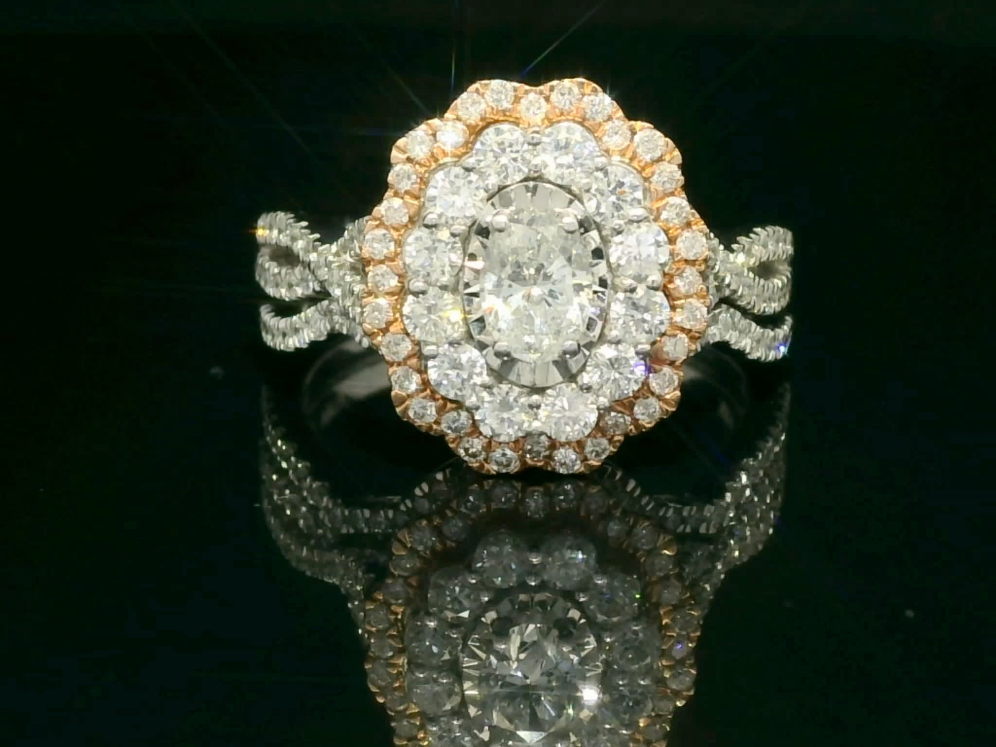 Oval Brilliant Diamond Double Halo Two-Tone Gold Scalloped Ring