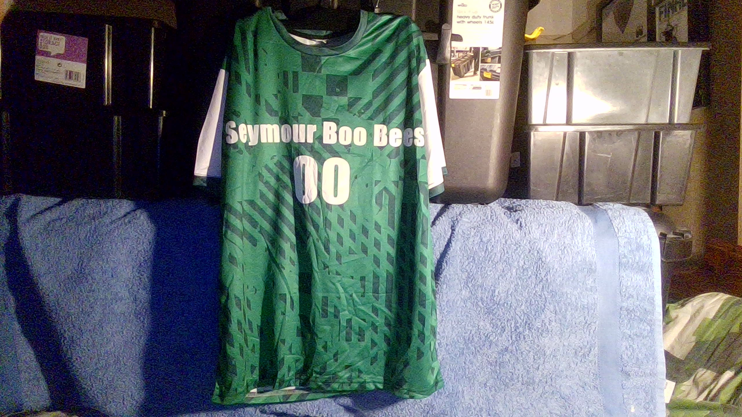 Football shirt with novelty ‘sponsor’ name of ‘Seymour Boo Bees'