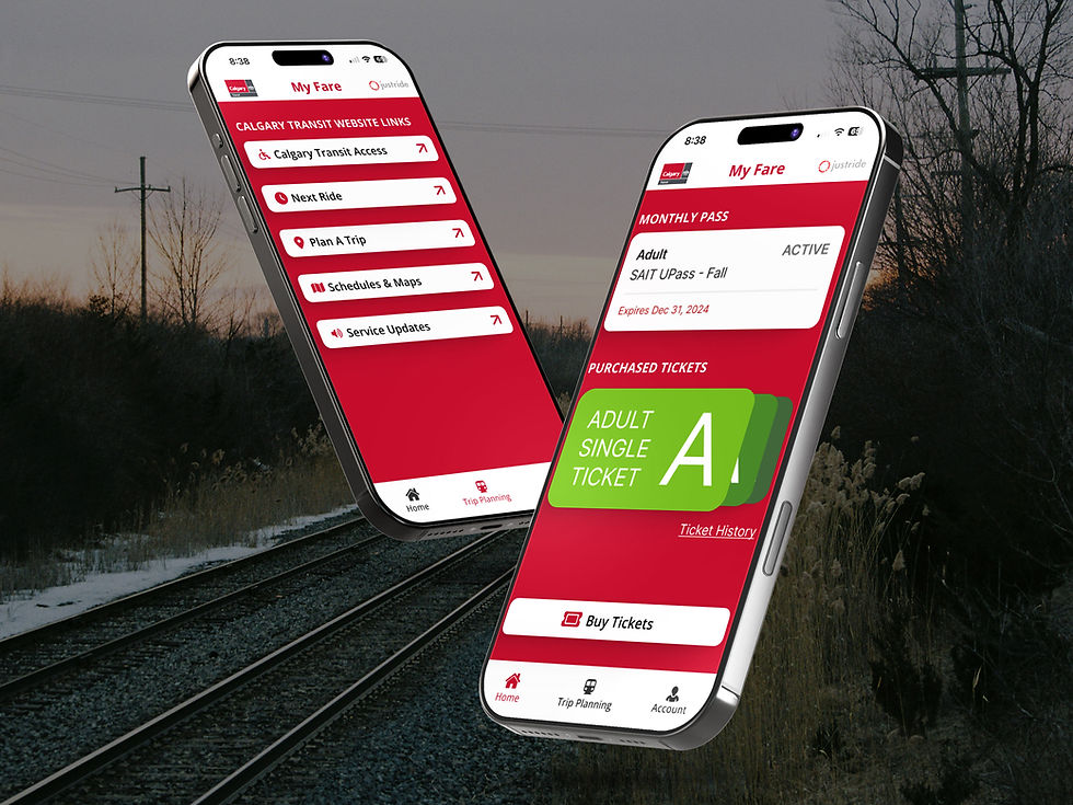 2 iPhones with on screen that has transit passes, and another screen with links to a website on it. The background is an evening sunset with empty train tracks visible.