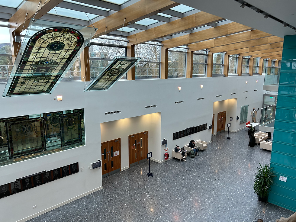 Foyer of the vet school with the original stained glass windows