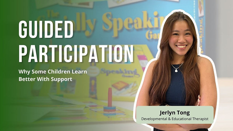 Smiling woman stands beside text "GUIDED PARTICIPATION," with a colorful board game background. Text highlights learning support benefits. Total Communication