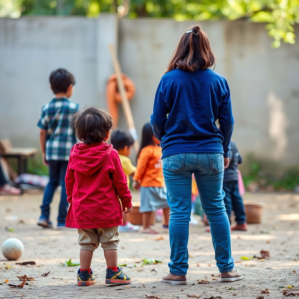 Singaporean child watching several children play together and appearing unsure how to join their activity. Total Communications