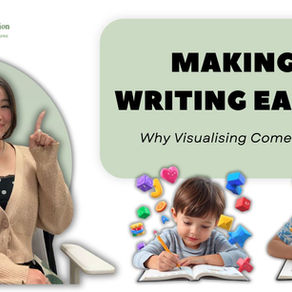 Woman in a beige sweater points up, sitting beside a banner reading "MAKING WRITING EASIER." Two kids write in notebooks with colorful shapes around. | Total Communication | Singapore