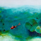There is no hard shoreline here, only a shift in colour, green giving way to blue, density giving way to open water. The koi’s crossing becomes the only real boundary; everything else is a gradual transition it moves through.