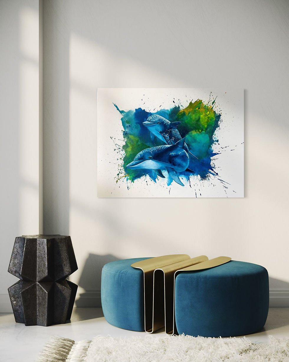 Thumbnail: Framed original dolphin artwork, contemporary animal painting suitable for neutral interiors