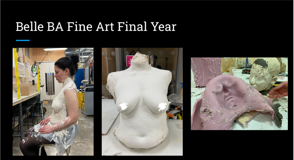 Three images (left to right) student having torso cast; plaster cast of torso; silicone mould of plaster cast.