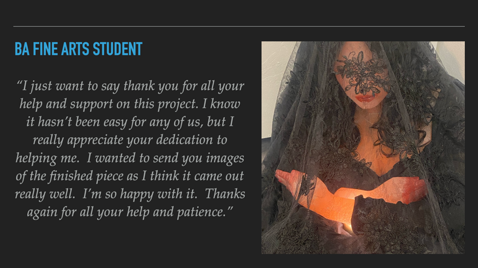BA Fine Arts students testimonial can be seen alongside a detail shot of her completed self-portrait life cast in wax.