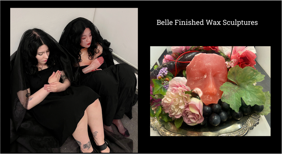 Student sits alongside her life size self-portrait cast in wax (left). A smaller piece (right) shows a portion of her face cast in wax on a platter of fruit.