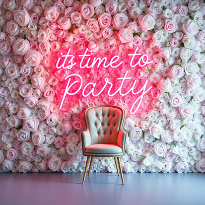 Luxury floral wall with its time to party neon sign