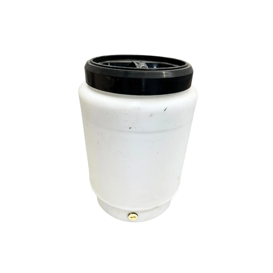 25 Litre cylindrical plastic drum, white container and black lid with bung at the base