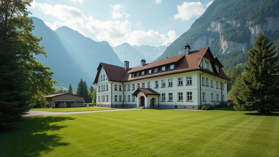 Wide angle view of a picturesque Swiss school building surrounded by nature