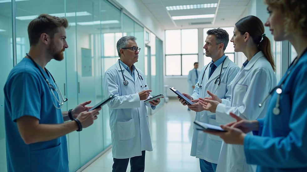 Eye-level view of a clinical trial team discussing patient data