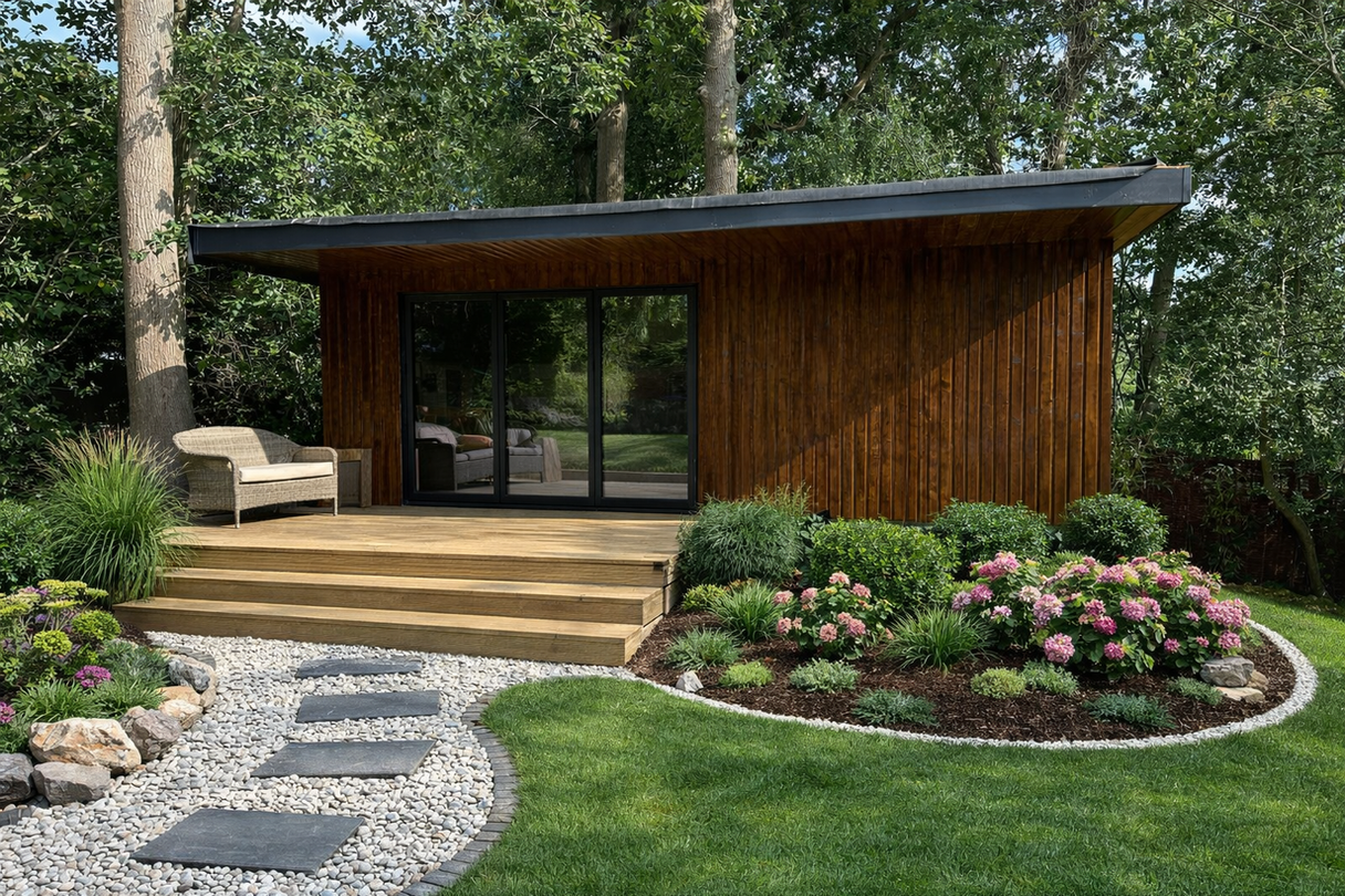 garden room, annexe, summer house, separate living space, with bi-fold doors and decking