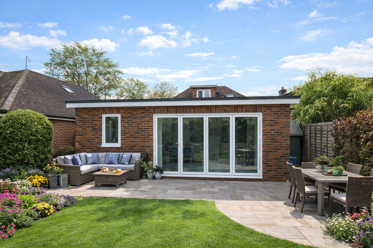 single storey rear extension to kitchen area, living space, exterior patio and seating area