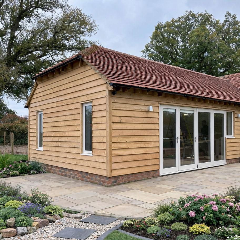 garage single storey extension, bi-fold doors, vaulted ceiling