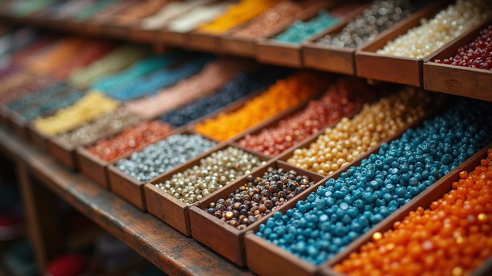 High angle view of colorful bead varieties available at a show