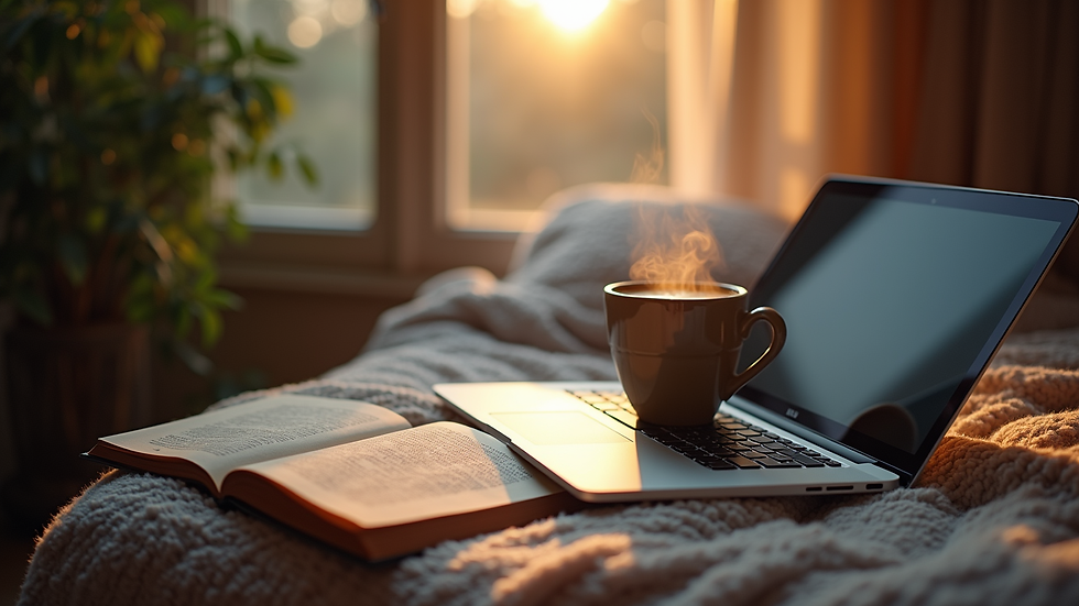 Eye-level view of a cozy reading nook with a laptop and a steaming cup of coffee