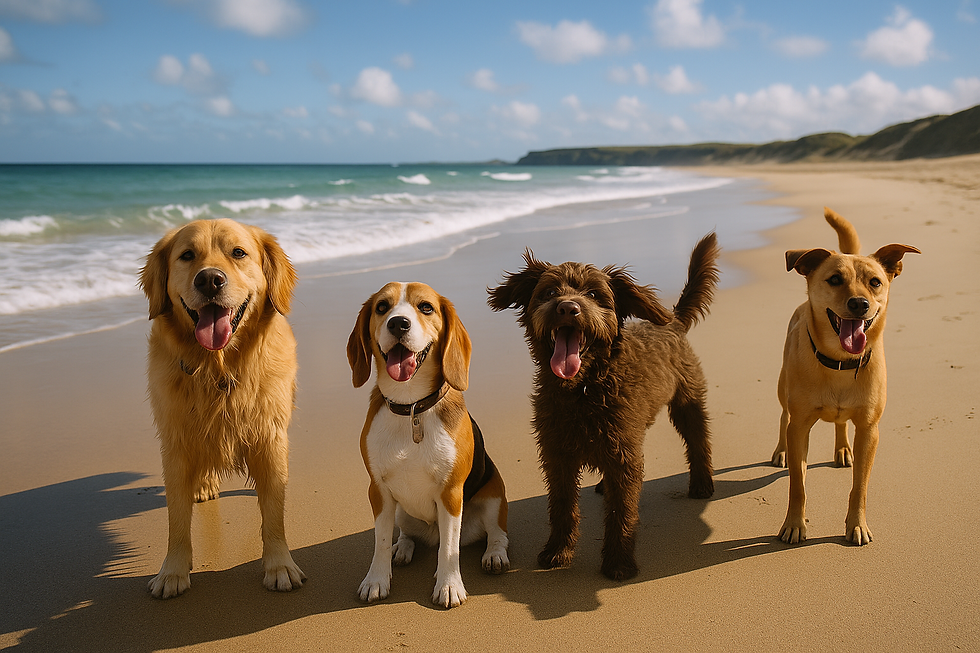 Four happy dogs stand on a sunny beach with waves in the background, tongues out and playful. Blue sky and sandy shore set a joyful scene.