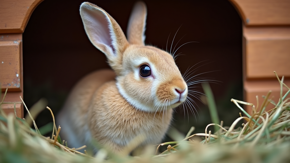 Close-up view of a rabbit in a hutch with fresh hay