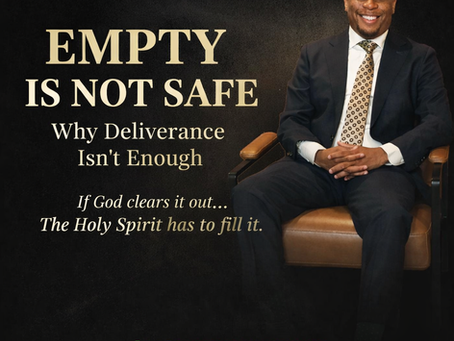 Pastor Joe Bowman from Liberty Worship Christian Center in a suit smiling in a chair on a dark background. Text reads, "EMPTY IS NOT SAFE. Why Deliverance Isn't Enough." Liberty Worship logo.