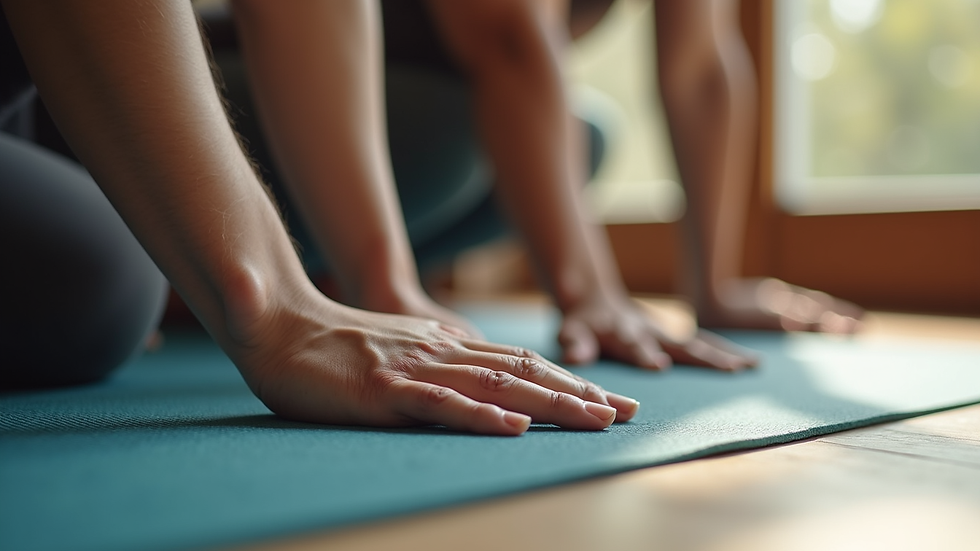 close-up view of stretching exercises on a yoga mat