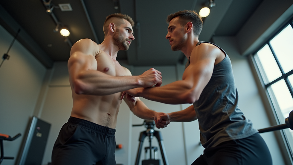 Eye-level view of a personal trainer guiding a client during a workout session