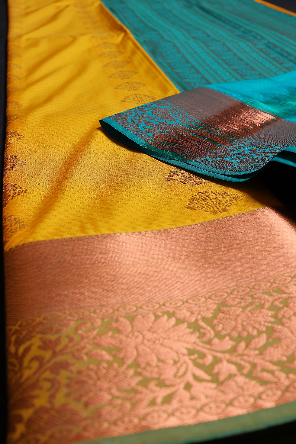 Thumbnail: Orange and Blue Dupion Silk Saree with Rich Zari Border and Floral