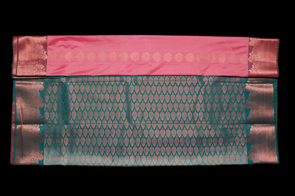 Thumbnail: Pink and Ocean Blue Dupion Silk Saree with Rich Zari Border and Floral Buttas