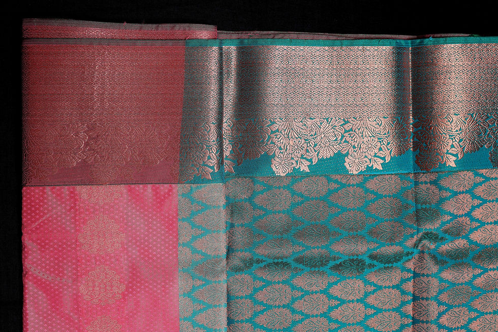 Thumbnail: Pink and Ocean Blue Dupion Silk Saree with Rich Zari Border and Floral Buttas