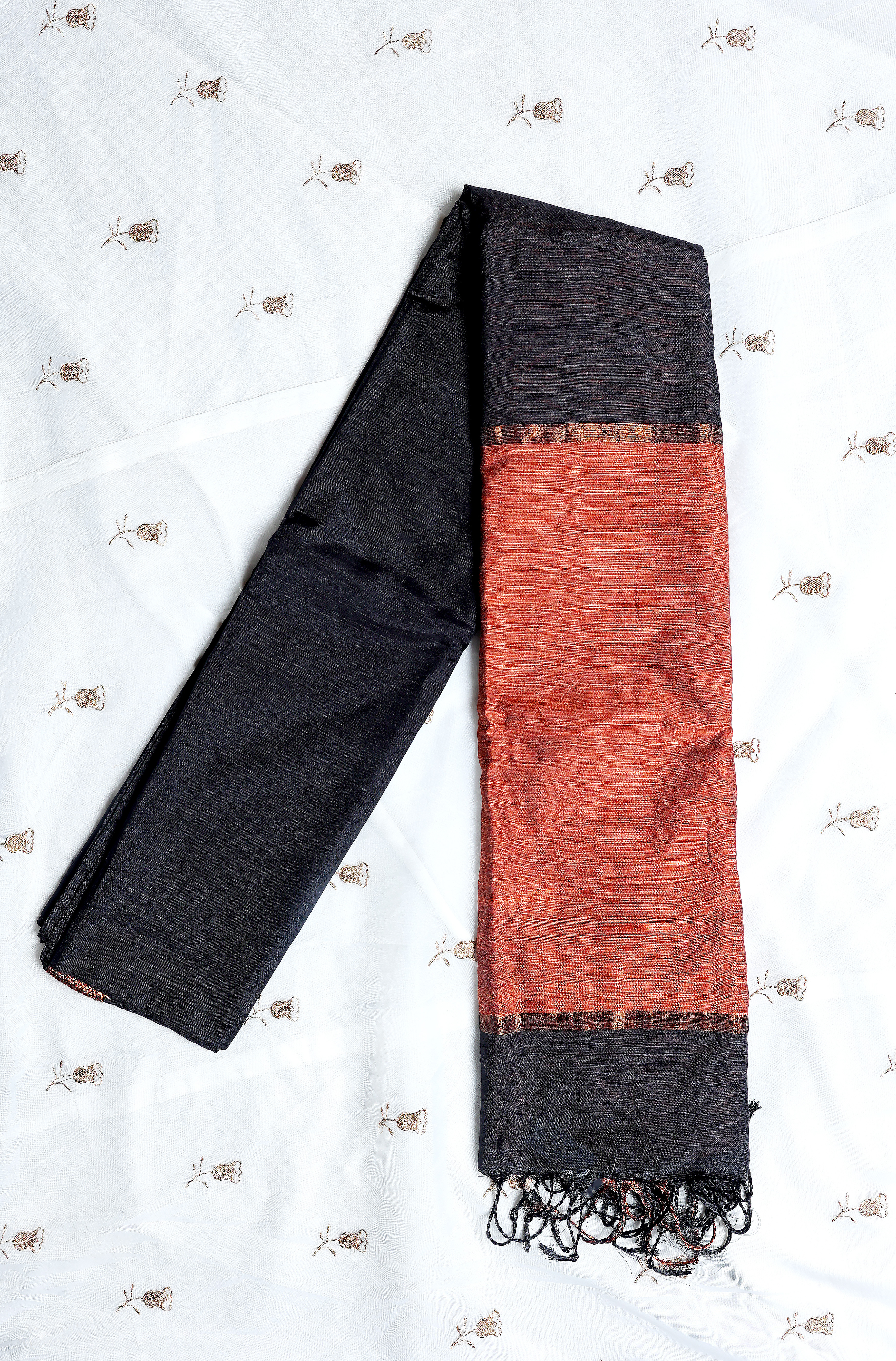 Black Semi Silk Cotton Saree with Copper Zari Border