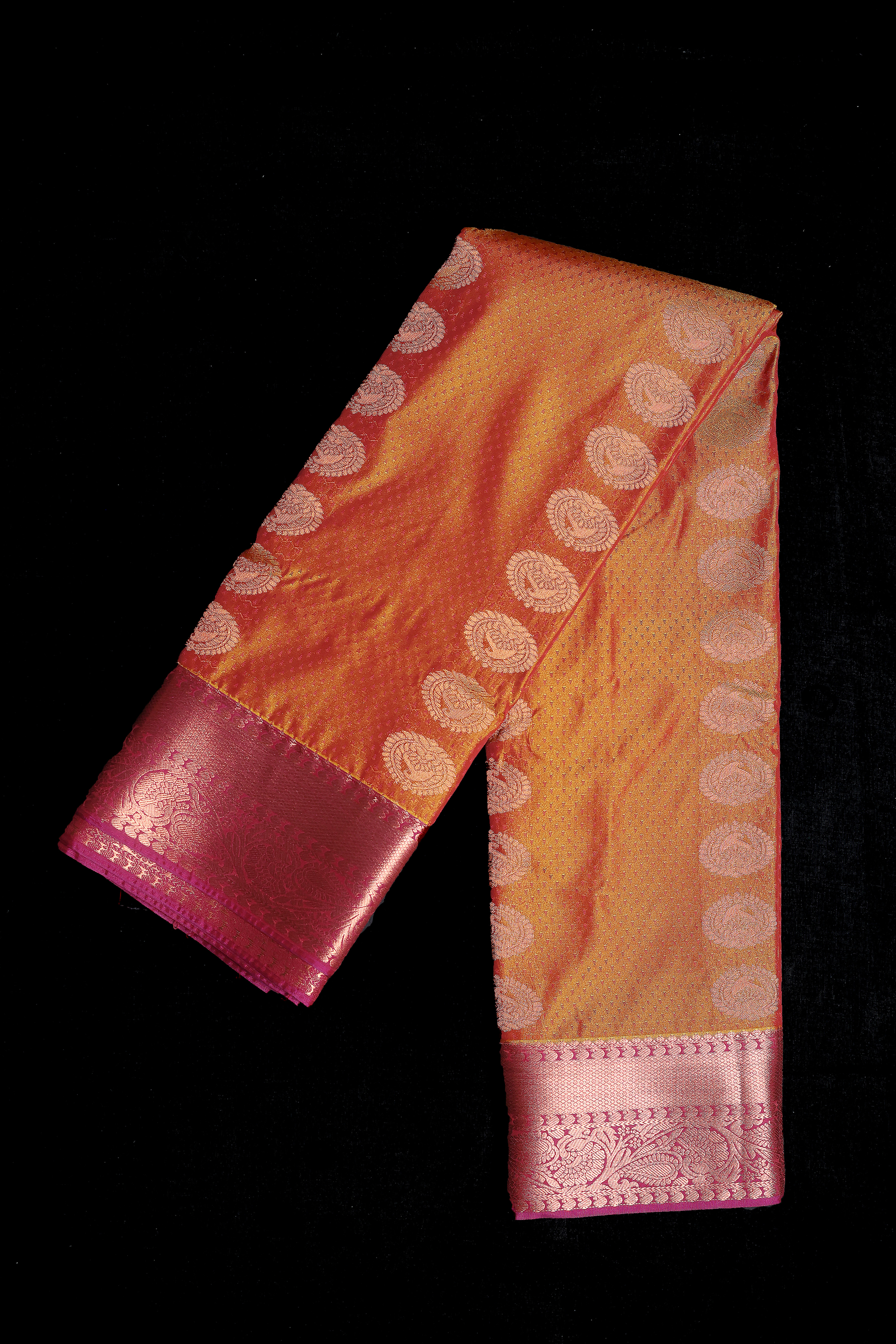Brownish Orange and Violet Dupion Silk Saree with Rich Zari Border and Floral