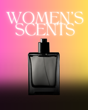 Women’s perfume-inspired oils in a sleek black spray bottle on a vibrant gradient background with elegant text