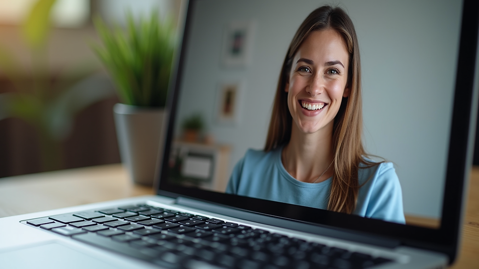 Close-up view of a laptop screen showing a video call with a virtual assistant