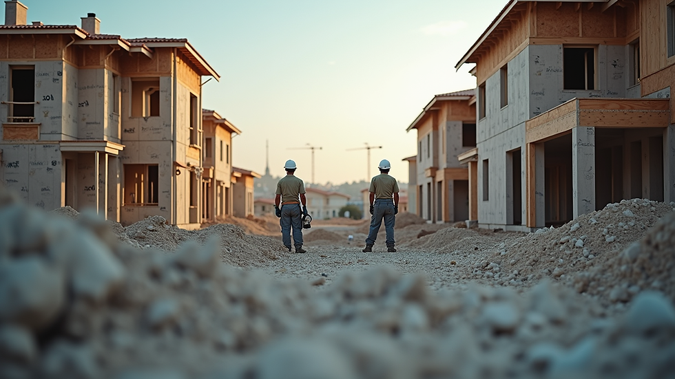 Eye-level view of a residential construction site with workers and building materials