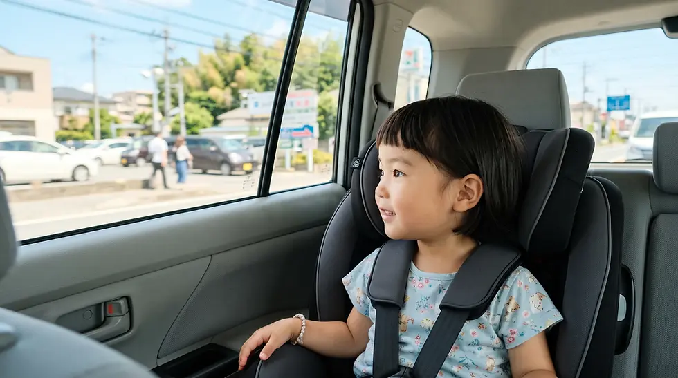車での帰省中にチャイルドシートに座る子連れの子どもの様子