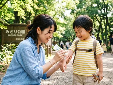 外遊び前に虫刺されを予防するため虫除けをする親子