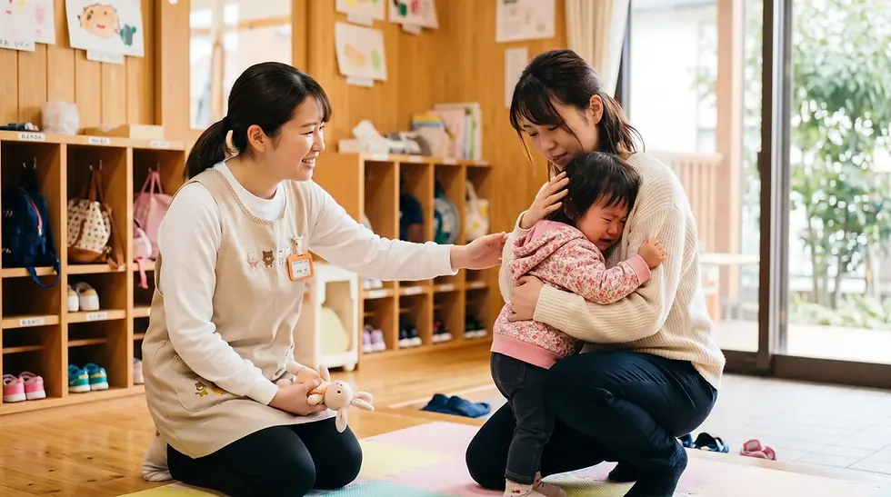 保育園で泣く子どもと見守る親と保育士