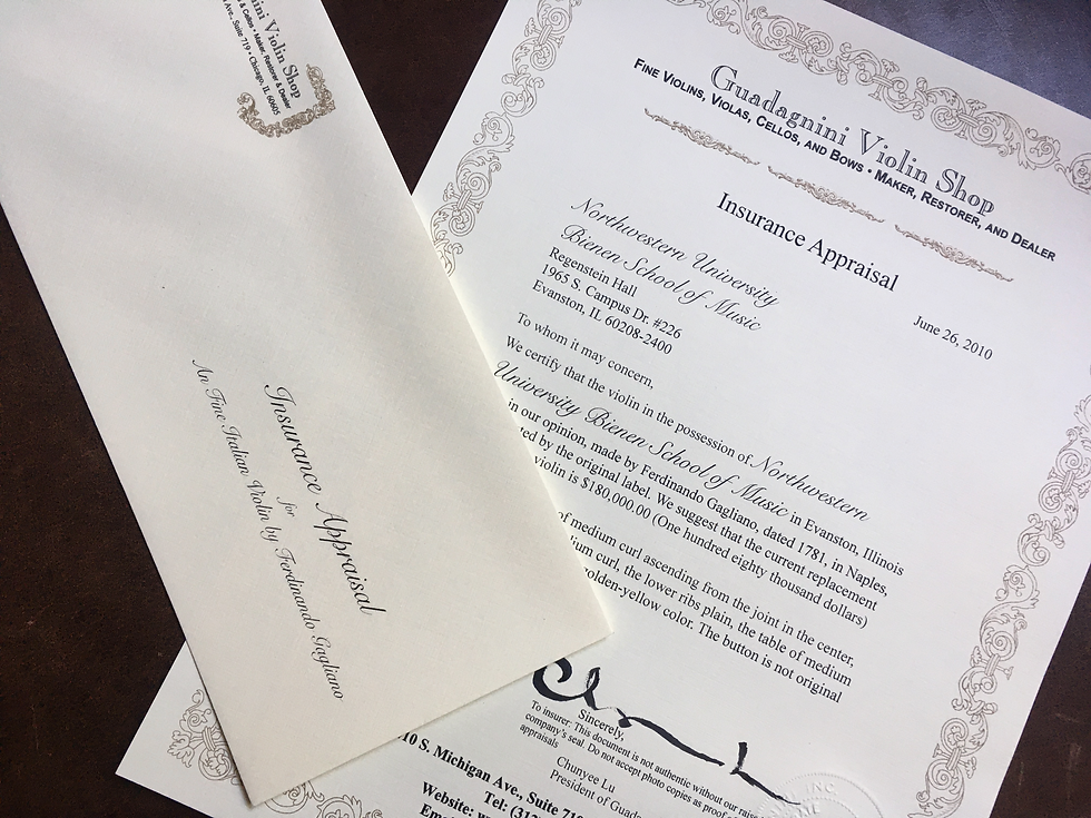 Certificates & Insurance Appraisals | Guadagnini Violin Shop | www.guadagniniviolins.com | Chicago