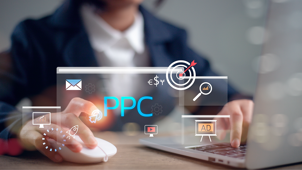 Person using a laptop, hand on mouse, with digital PPC graphics overlay. Icons include mail, target, and computer. Professional setting.
