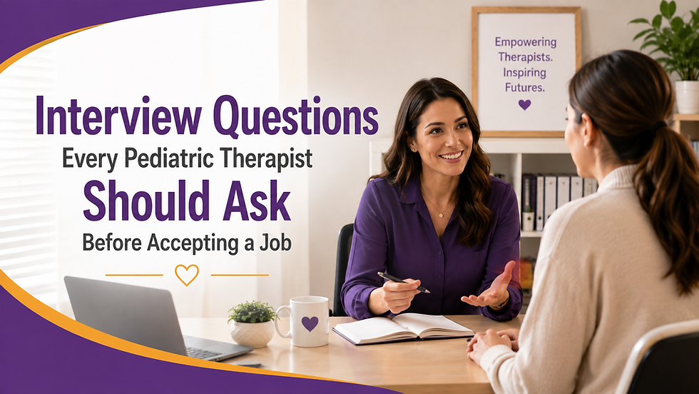Two women in a therapist office discuss interview questions; poster reads Empowering Therapists. Inspiring Futures.