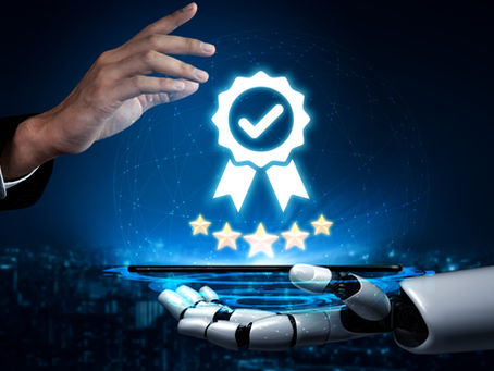 Human and robot hands reach for a glowing digital badge with a checkmark. Five stars below. Futuristic cityscape in background.