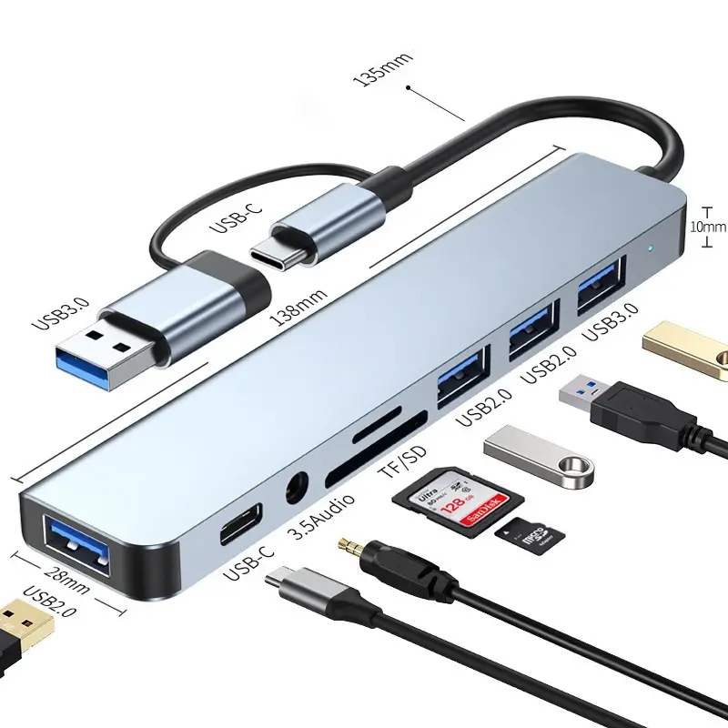 8 in 2 USB +Type C HUB Docking Station With 3.5mm Audio Jack Adapter for Micro