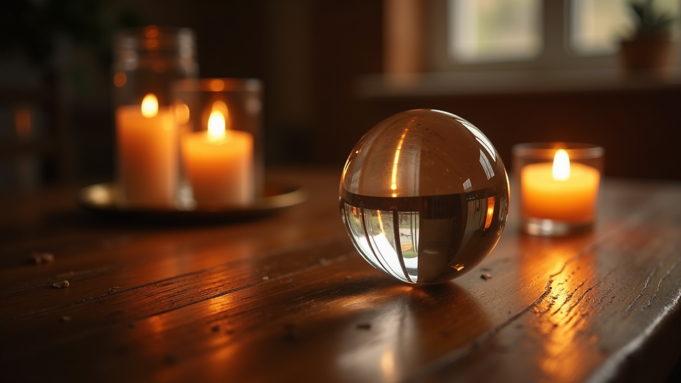 Eye-level view of a crystal ball on a wooden table with soft candlelight