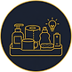 Illustration depicting bathroom and kitchen cleaning supplies such as a liquid soap, toilet paper roll, cleaning solution bottle, lightbulb, battery charger.