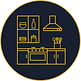 Illustration depicting a kitchen with cupboards, stove, a hob and ustensils.