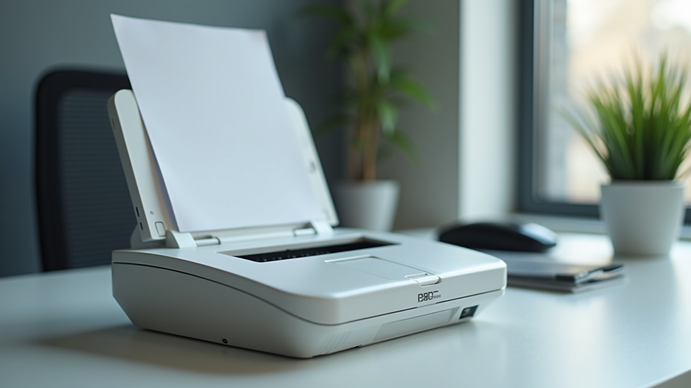 Eye-level view of a scanner on a clean office desk