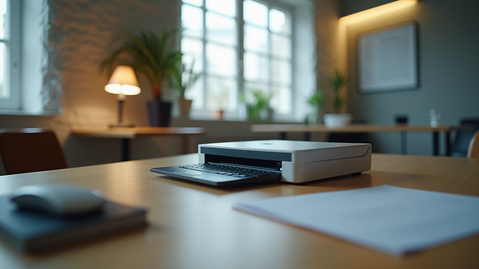 Eye-level view de scanner de mesa em ambiente de escritório moderno