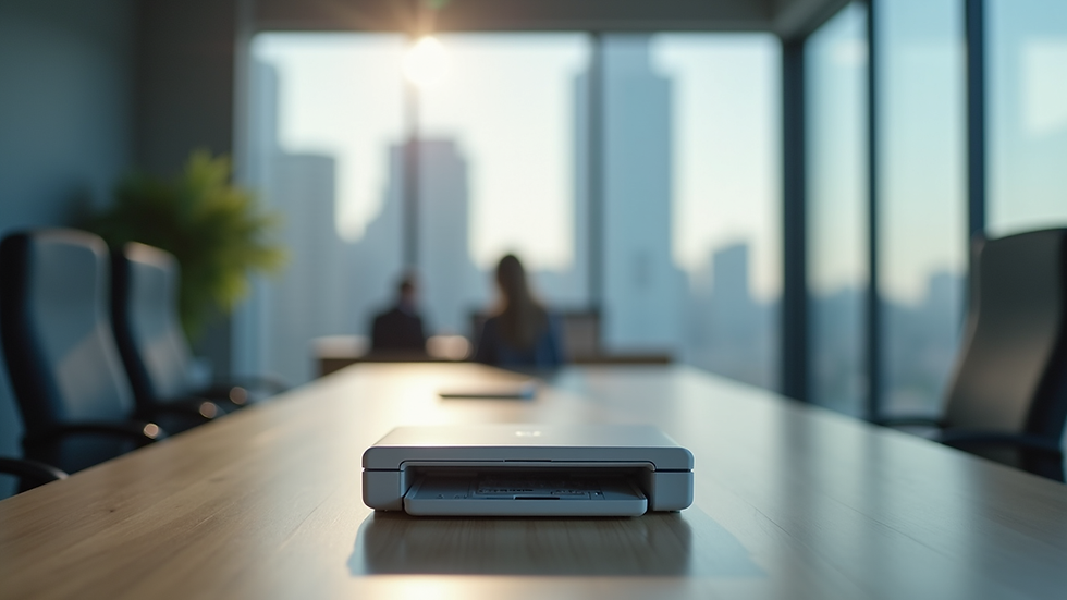 Eye-level view de scanner de mesa moderno em ambiente corporativo
