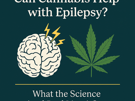 Brain with yellow lightning and cannabis leaf on dark background. Text: Can Cannabis Help with Epilepsy? What the Science (and Real Lives) Say.